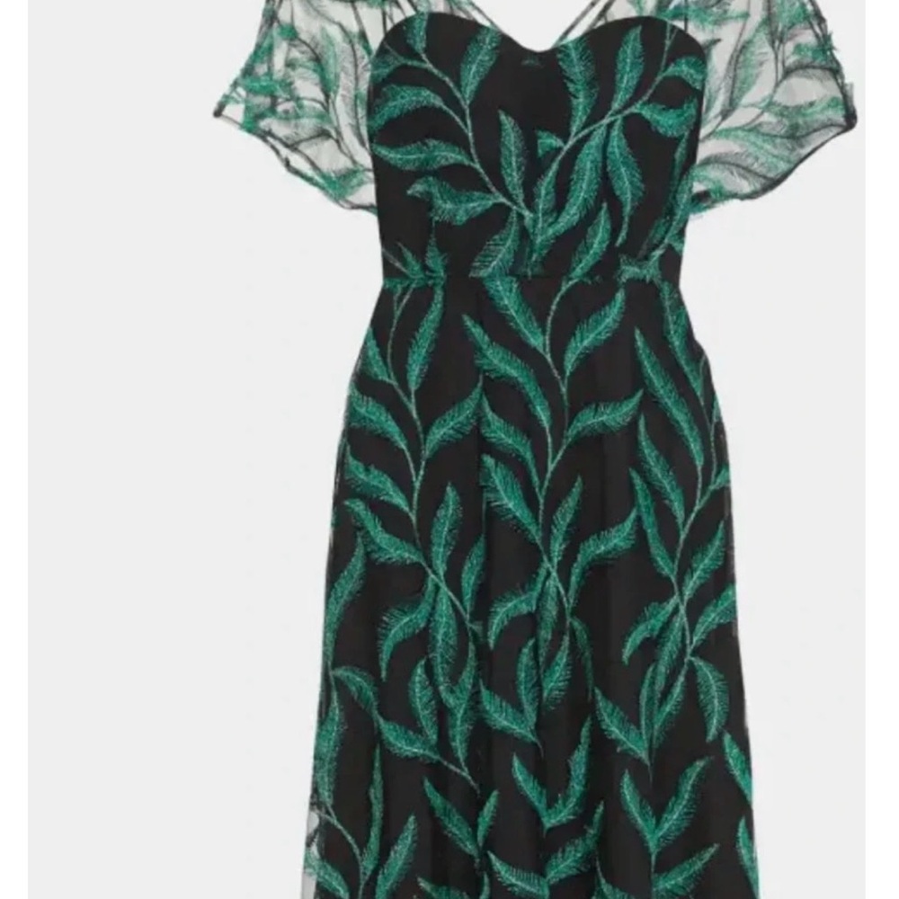 Lela Rose cocktail fringe embroidered flutter sleeve illusion dress